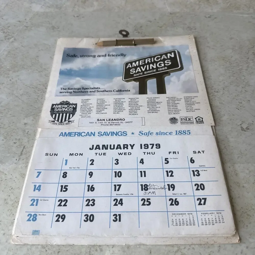 Vintage Advertising Calendar AMERICAN SAVINGS BANK / CALIFORNIA 1979 11” X 8”